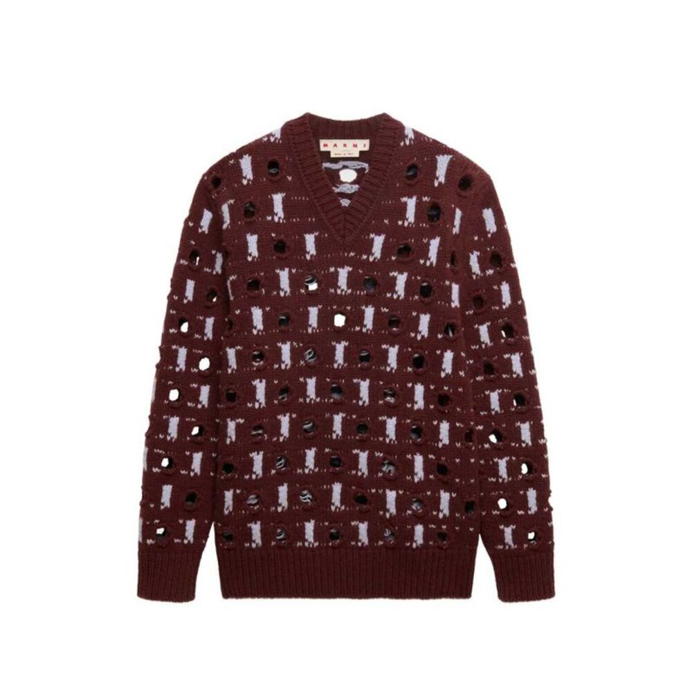 Marni Men Brown Wool And Cashmere Sweater With Openwork Polka Dots